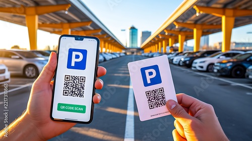 Digital parking payment with qr code and smartphone at modern parking garage