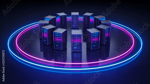 Futuristic server network with glowing neon rings for cloud computing and data technology
