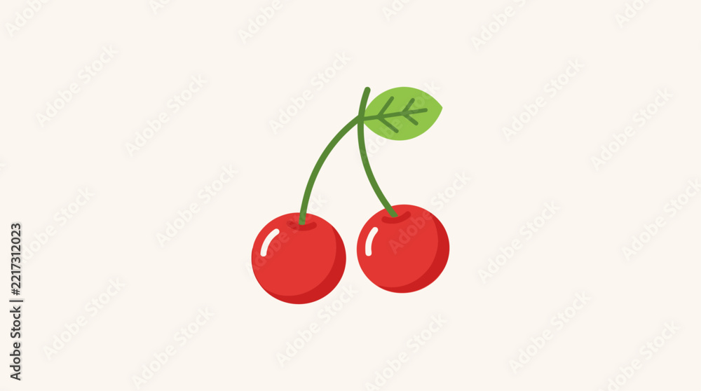 Obraz premium Vibrant red cherry fruit illustration with green leaf on neutral background simple flat design icon for healthy eating food concept