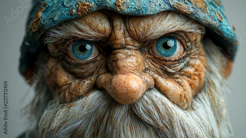 Close-up of a gnome's intricately detailed face, his wise eyes peering out from a wrinkled visage against a pure white background 