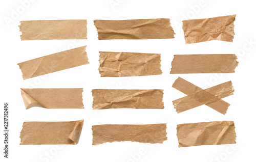 Kraft tape texture asset sheet, brown adhesive paper tape pieces collection with torn edges isolated on white background