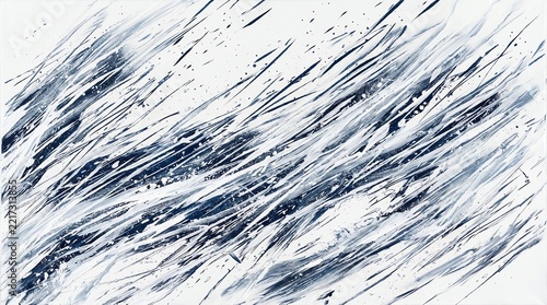 Abstract Swirls of Dark Blue and White Paint Splatter on White Canvas
