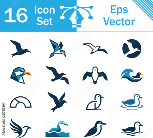 Collection of sixteen seagull and seabird themed vector icons with bird icon