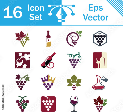 Set of sixteen wine themed vector icons including grapes and bottles