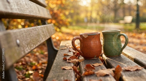 Two Coffee Mugs on Wooden Park Bench with Dry Autumn Leaves