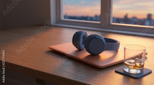 Headphones and Glass of Water on Wooden Tray at Sunset