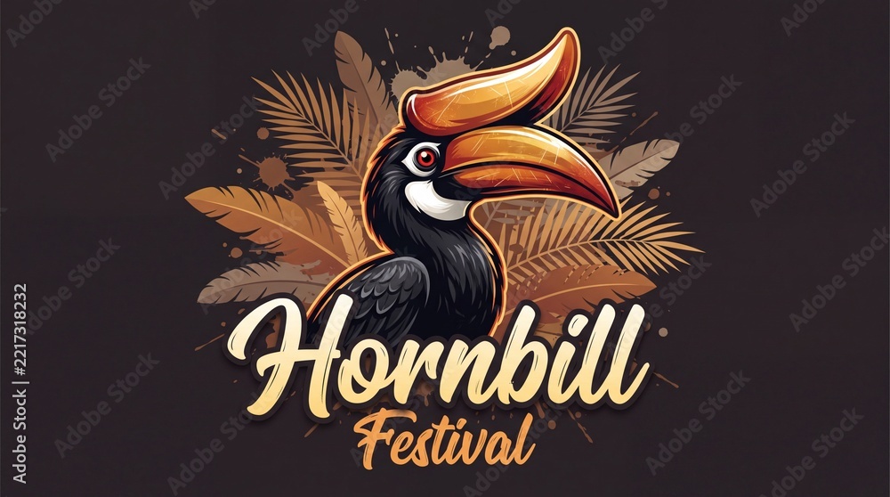 Fototapeta premium A bold and elegant design for the Hornbill Festival, featuring a hornbill bird surrounded by tropical foliage, celebrating Nagaland’s rich cultural