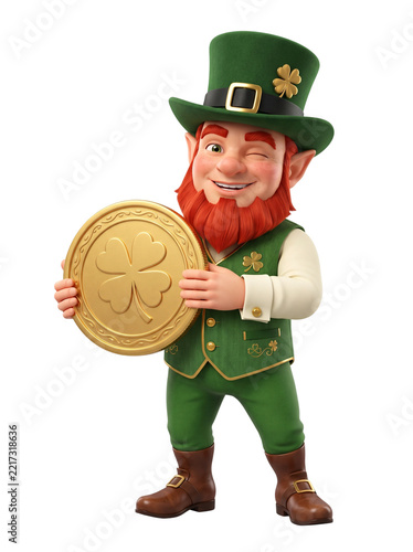 Leprechaun character holding a golden coin and smiling cheerfully  