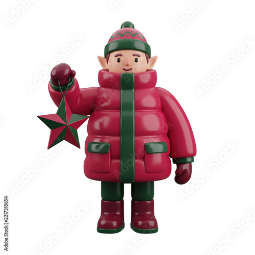 Cartoon elf holding a star decoration in a colorful winter outfit  