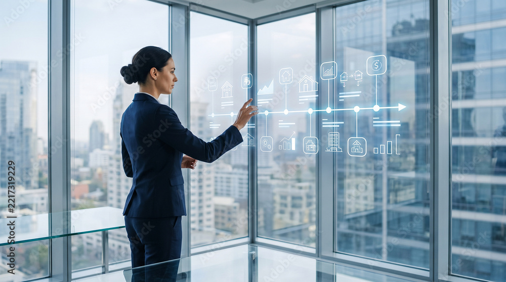 Fototapeta premium Corporate executive using finger gestures to navigate data analytics icons projected onto a glass partition overlooking a metropolitan skyline.