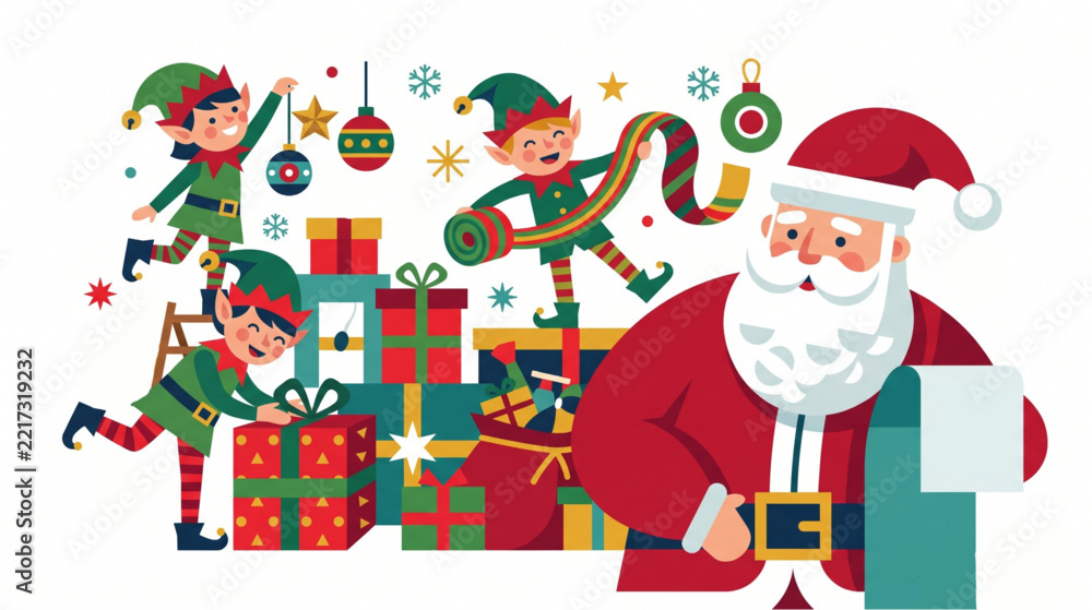 Fototapeta premium Santa Claus Reading Wish List with Helpful Elves in Christmas Workshop Illustration