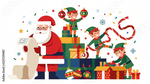 Santa Claus reading long wishlist with elves wrapping gifts in holiday workshop illustration