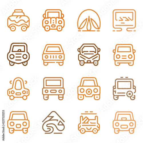 Set of Sixteen Linear Car and Automotive Transportation Icons in Orange Line Art Style