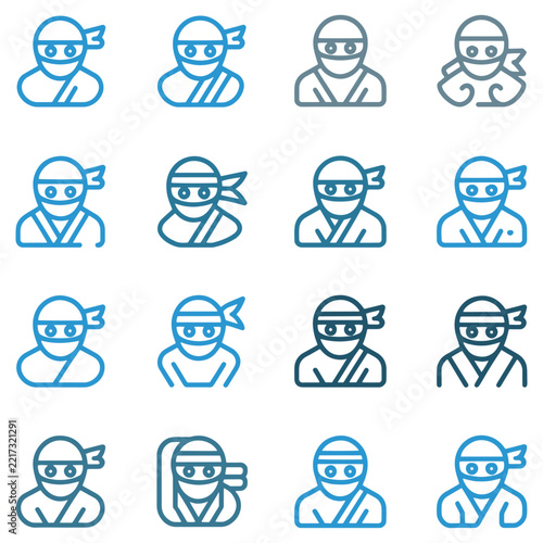 Set of Sixteen Blue Line Art Ninja Warrior Icons on a Plain White Background