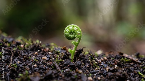 Close-up of a young fern fiddlehead sprout emerging from dark rich soil, symbolizing new growth, springtime renewal, nature's cycle, biodiversity, and the beginning of life in a