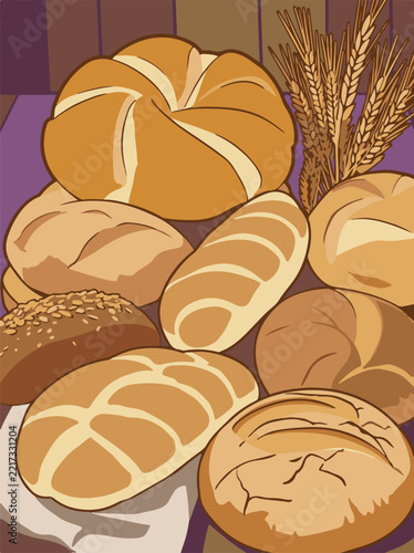 Pile of freshly baked artisan bread rolls and wheat stalks in flat comic vector style.   