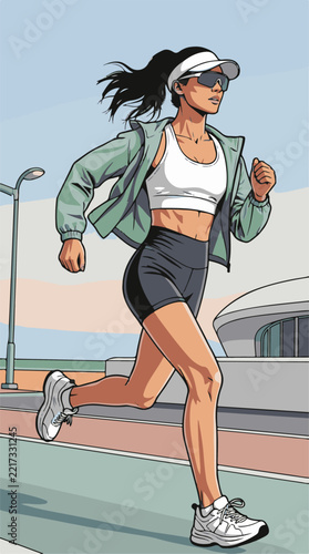 Athletic woman jogging along a coastal track in green jacket and visor in comic vector style.   
