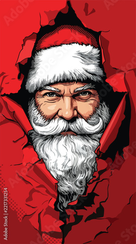 Santa Claus face peeking through torn red paper frame in detailed retro comic book art style.   