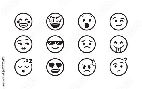 Set of black line emoji faces depicting popular web and social media reaction characters.