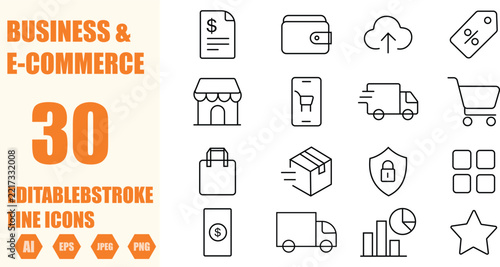 Business and E-commerce line icons for digital marketing and online shopping concepts