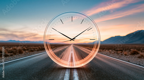 A transparent clock floats over an empty desert road at sunset, symbolizing the passage of time in a vast, open landscape.