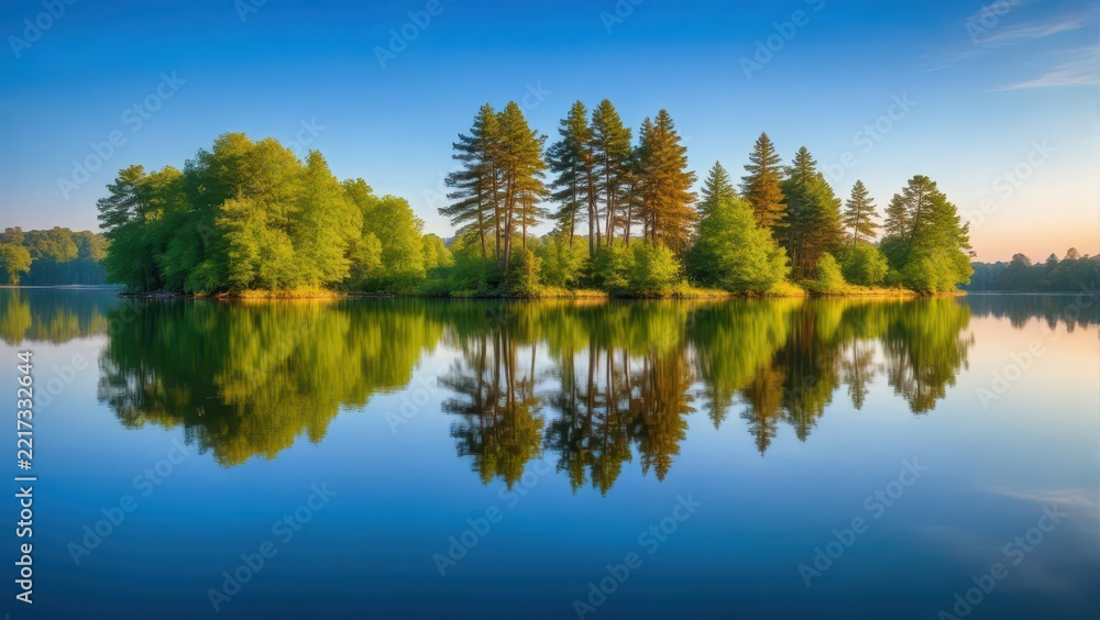 Obraz premium Serene lake view with trees reflected in calm water