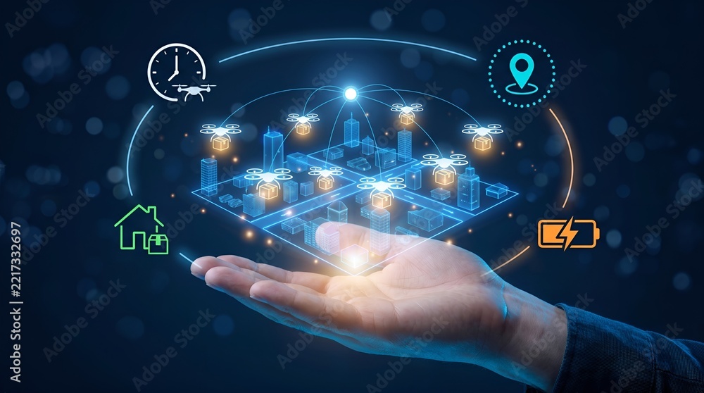 Obraz premium Futuristic smart city drone delivery network, glowing holographic city model in hand, autonomous transport technology