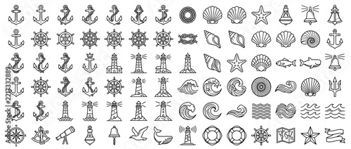 Nautical Icons Collection: Anchors, Lighthouses, Seashells, Waves