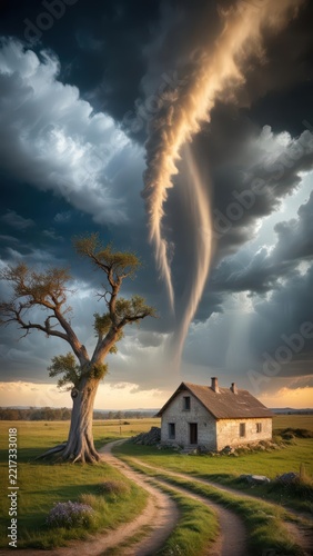 Large twister ravaging rural landscape with uprooted trees and crumbling buildings