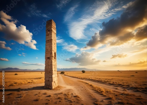 A massive stone pillar stands alone in a vast