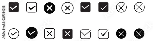 Check tick mark icon set. Cross box x check mark checkbox v list vector draw hand drawn sketch doodle brush marker checklist symbol wrong right circle. 