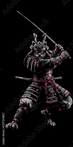 Samurai cat illustration with swords in full armor black background