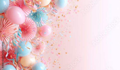 Celebration party decorations with balloons and fan paper decorations