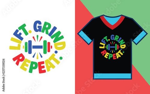 Fitness t-shirt with the text lift grind repeat and a barbell on a black shirt mockup with blue trim details