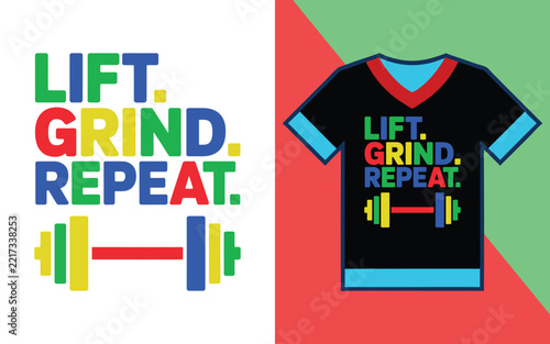 Fitness t-shirt with the text lift grind repeat and a large barbell on a black shirt mockup with blue trim