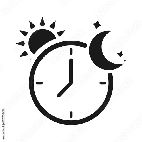 24 Hours Service and Support Clock Icon Vector Illustration with Sun and Moon | Day and Night Time Cycle Clock Icon Vector for Daily Routine and Schedule Concept