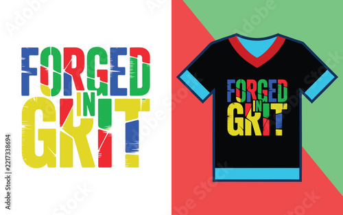 Forged in grit distressed typography with a black t-shirt mockup for fitness apparel and gym clothing use