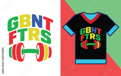 Gbnt ftrs fitness typography with a barbell and a black t-shirt mockup for gym apparel printing use