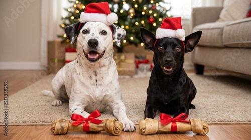 Image of two mixed-breed dogs wearing Santa hats, with bones wrapped in gift ribbons in front of them.