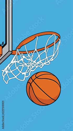Dynamic sports pop art graphic of a basketball falling through the rim.   