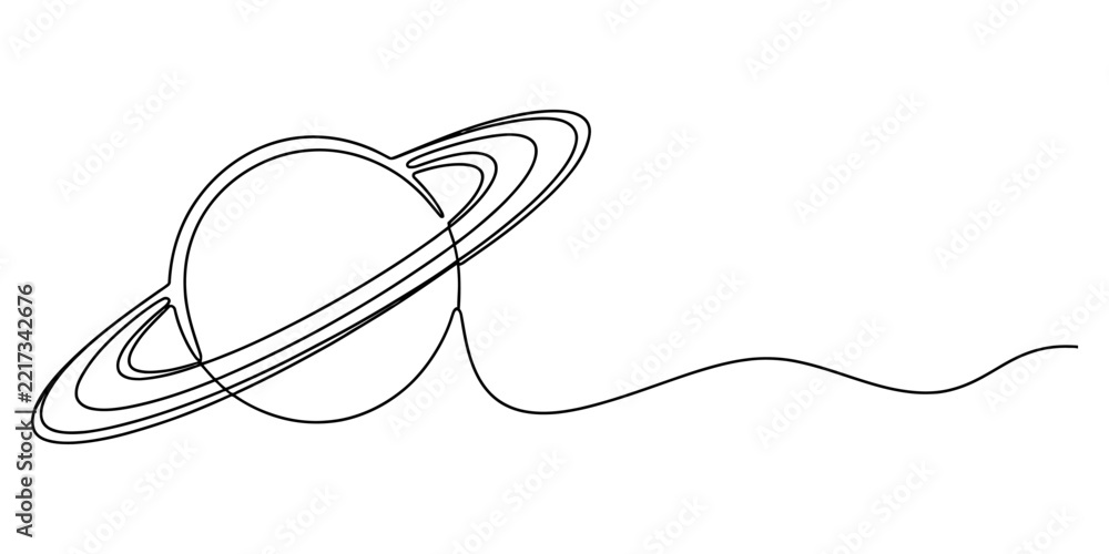 Obraz premium Continuous single line drawing of the planet Saturn with rings isolated on a white background Vector, illustration