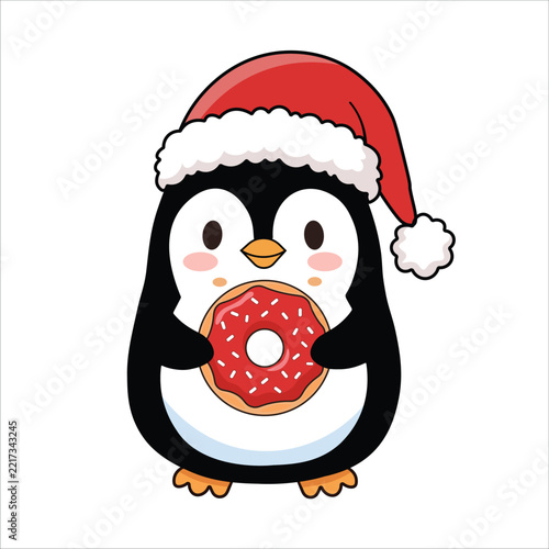 Cute Christmas Penguin Holding a Donut, Adorable Penguin with Santa Hat and Donut