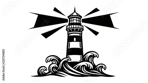 Black and White Lighthouse Silhouette Guiding Ships Through Rough Seas