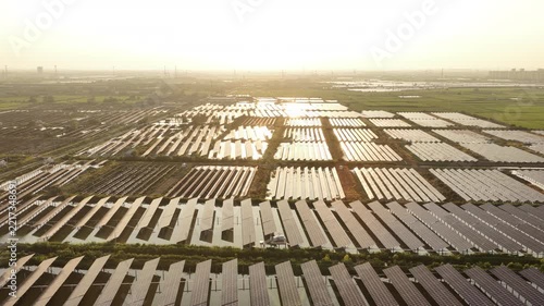 Aerial view of neat rows of solar photovoltaic panels reflecting sunlight
