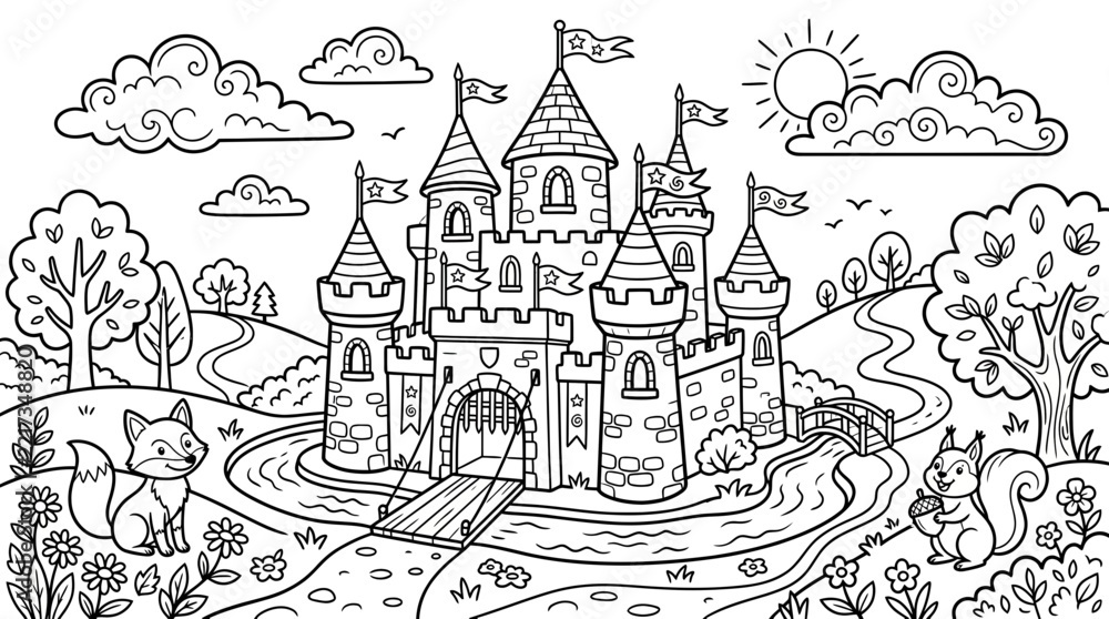 Fototapeta premium Fantasy Castle Illustration for Coloring