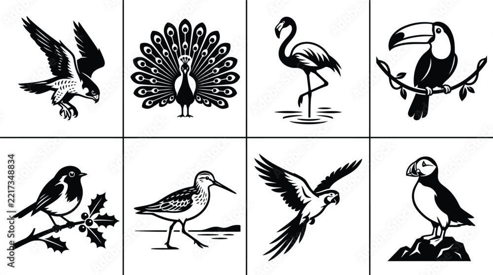 Fototapeta premium Various exotic and garden birds illustrated in a detailed vintage woodcut style for nature projects