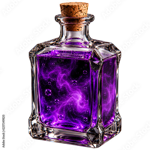 Violet Potion with Luminous Wisps in Beveled Square Glass Flask on White