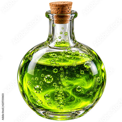 Bubbling Green Potion in Round Short-Neck Glass Bottle on a White background.