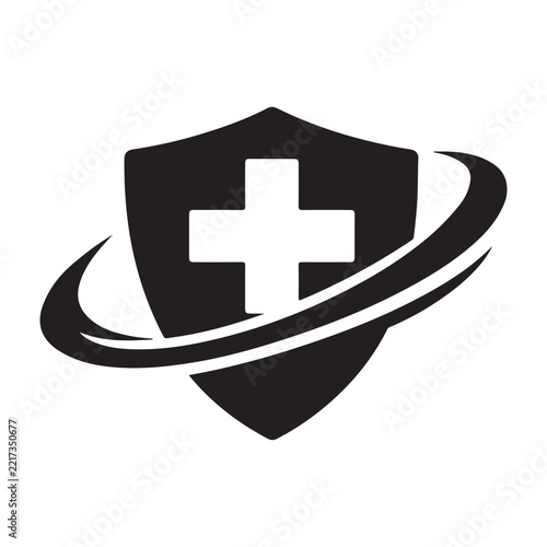 Medical shield icon with orbiting curve representing global healthcare