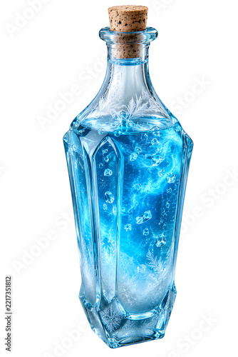 A Blue Magic Potion with Bubbles in Tall Faceted Glass Bottle on a pure White Background .